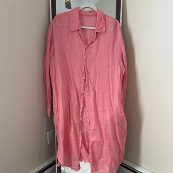 CP SHADES WOMENS TUNIC LENGTH LONG SLEEVE BUTTON DOWN DRESS CORAL SALMON LARGE - Picture 1 of 3